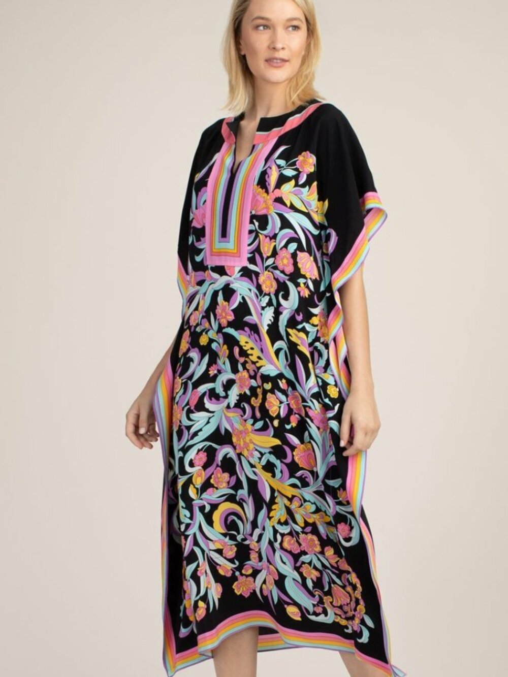 Trina Turk Theodora 100% Silk Midi Caftan Dress Resort Cover Up XS-S